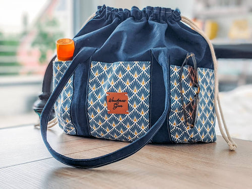 Drawstring Tote Bag with Exterior Pockets || Handbag || Crafters Bag || Beach Bag || Art Deco Indigo