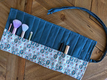 Load image into Gallery viewer, Cosmetic Brush Eye Pencil Travel Roll || 13 Pocket Felt-Lined Roll for Travel Makeup Storage || Art Deco Peacock Feather Design