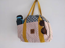 Load image into Gallery viewer, Drawstring Tote Bag with Exterior Pockets || Handbag || Crafters Bag || Beach Bag || Art Deco Blush, Indigo and Mustard Yellow Design