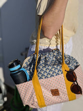 Load image into Gallery viewer, Drawstring Tote Bag with Exterior Pockets || Handbag || Crafters Bag || Beach Bag || Art Deco Blush, Indigo and Mustard Yellow Design