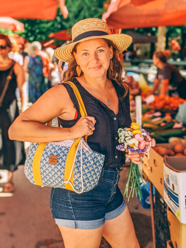 Drawstring Tote Bag with Exterior Pockets || Handbag || Crafters Bag || Beach Bag || Art Deco Blush, Indigo and Mustard Yellow Design
