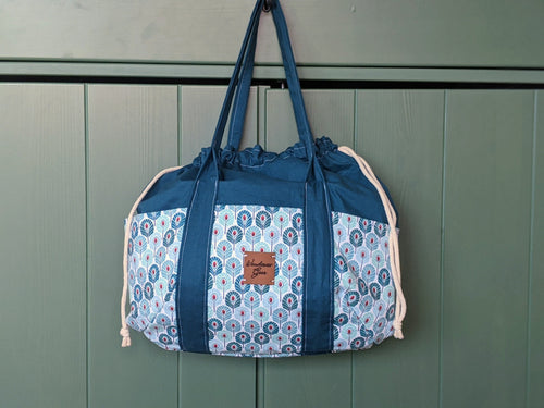 Drawstring Tote Bag with Exterior Pockets || Handbag || Crafters Bag || Beach Bag || Art Deco Peacock Feather Design