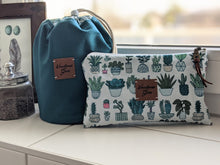 Load image into Gallery viewer, Drawstring Toiletry Bag with water resistant Oilcloth || Kulturbeutel mit Wachstuch || Toiletry Kit | &quot;Plant Lady&quot; Design