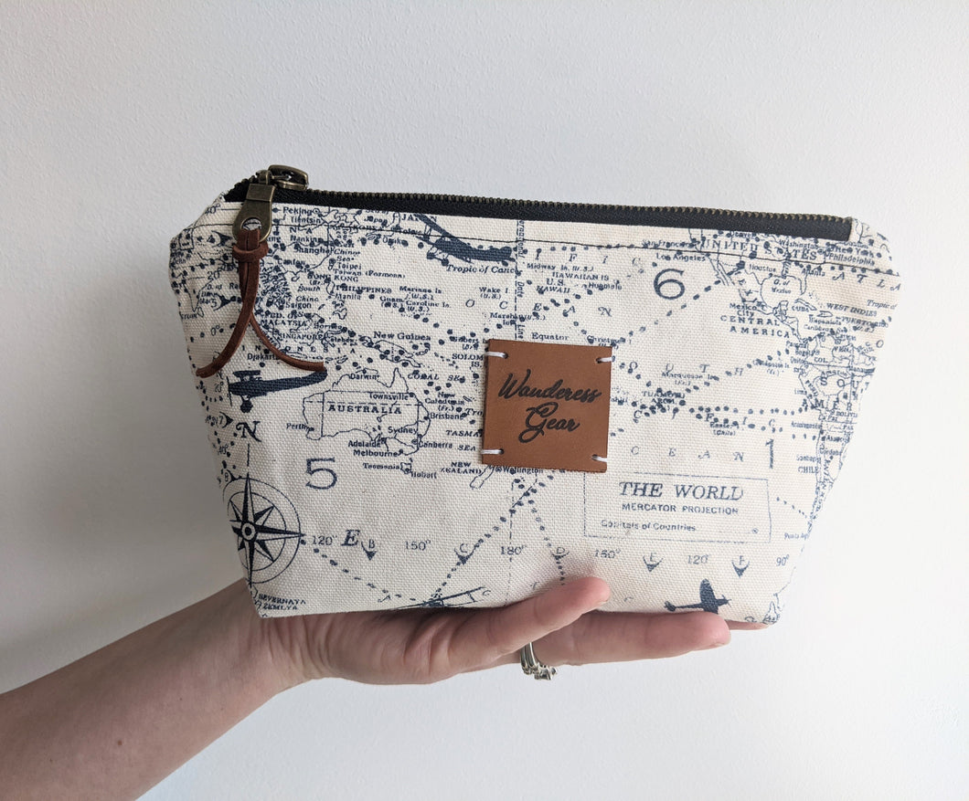 Boxed Zipper Pouch || Fully-Lined || With or Without Pockets || World Map Design