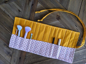 Cosmetic Brush Eye Pencil Travel Roll || 13 Pocket Felt-Lined Roll for Travel Makeup Storage || Art Deco Blush Design