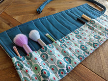 Load image into Gallery viewer, Cosmetic Brush Eye Pencil Travel Roll || 13 Pocket Felt-Lined Roll for Travel Makeup Storage || Art Deco Peacock Feather Design