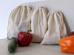 Muslin Cotton Eco Drawstring Shopping Bags || Set of 3 || Produce Grains Bulk